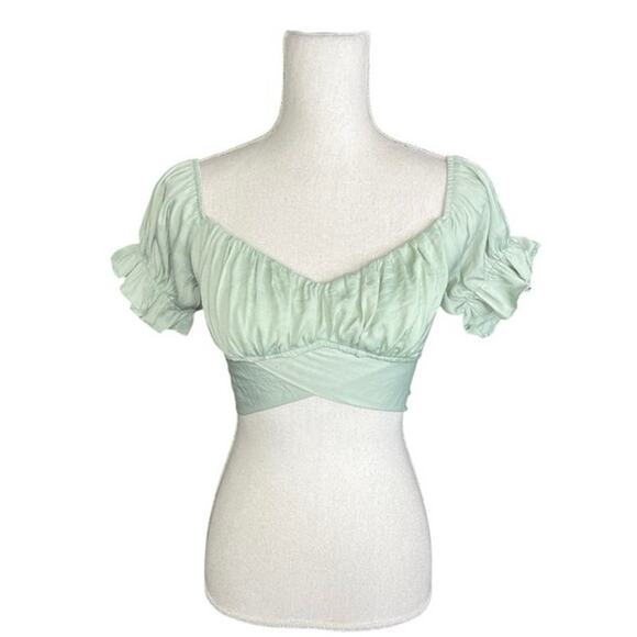 Indikah green crop top coquette boho festival NEW puff sleeve summer soft girl - Picture 5 of 10